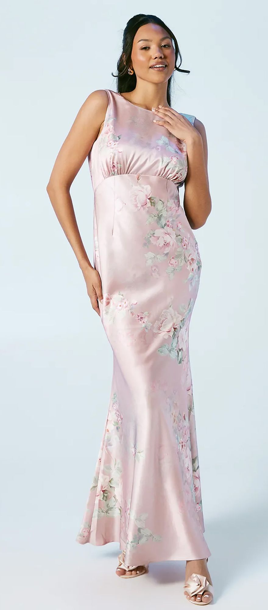 soft pink satin floral bridesmaid dress with floral print