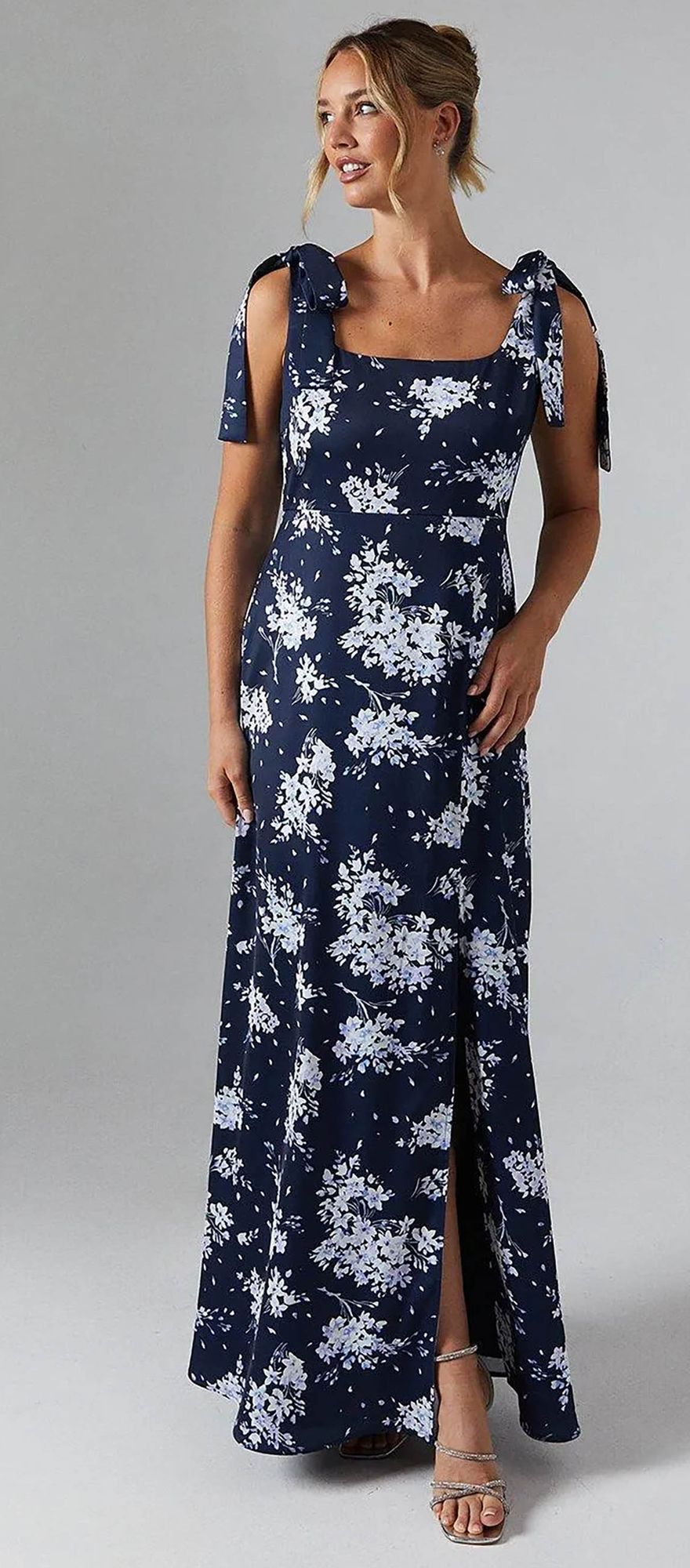 navy and white floral print bridesmaid dress