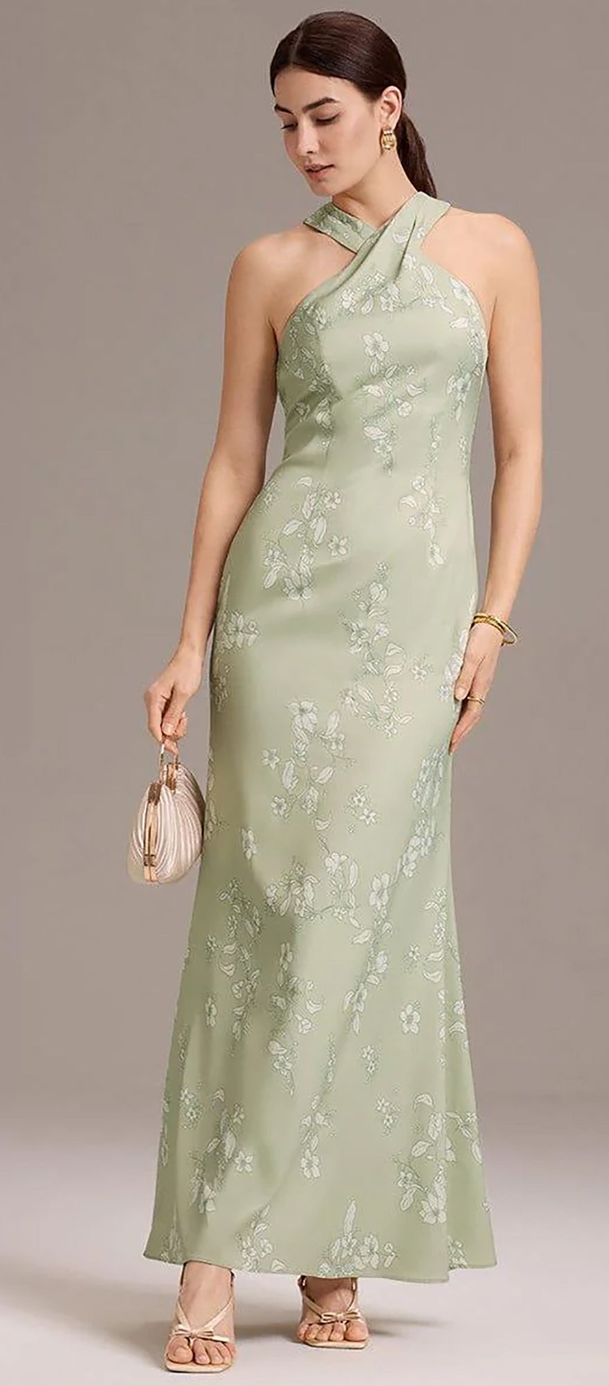 sage green floral bridesmaid dress with halter neckline