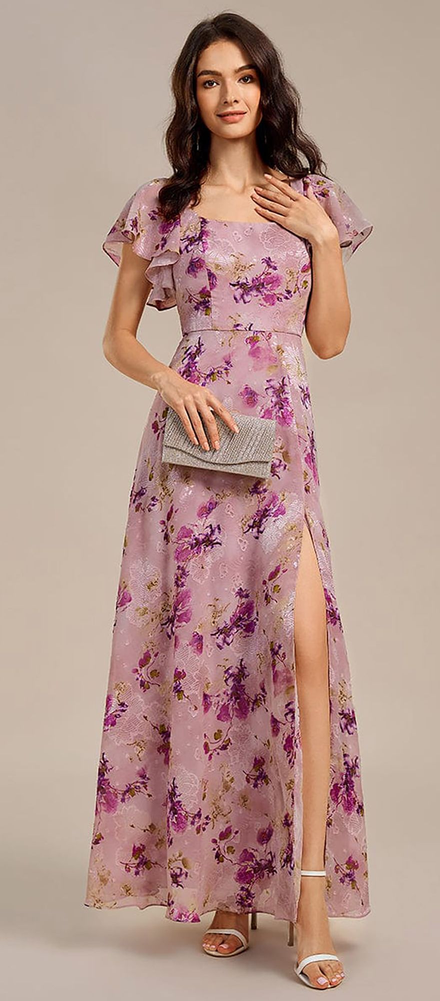 light purple square neck floral bridesmaid dress with ruffle detailing
