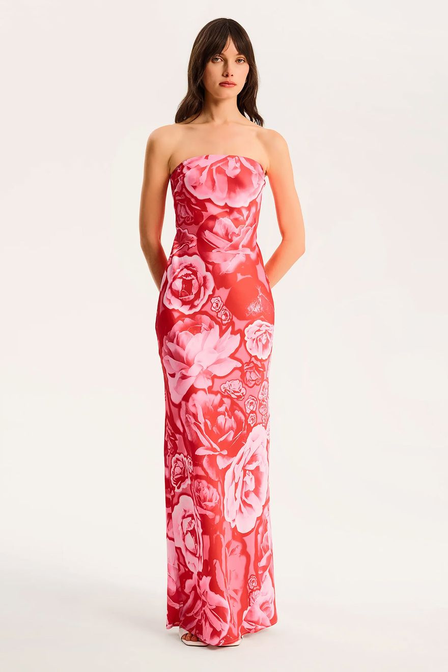 strapless maxi floral bridesmaid dress in red