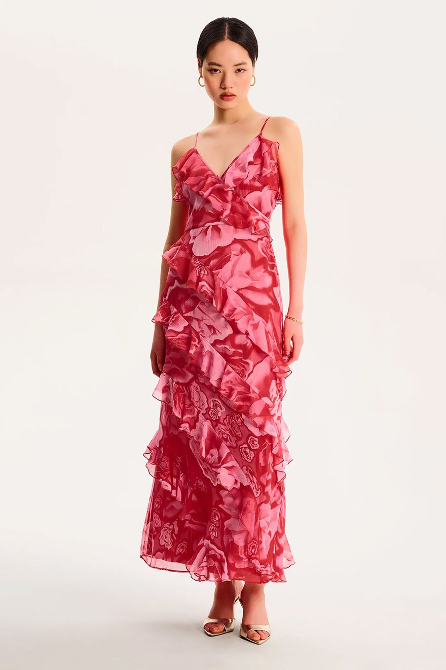 Ruffled chiffon red floral midi bridesmaid dress