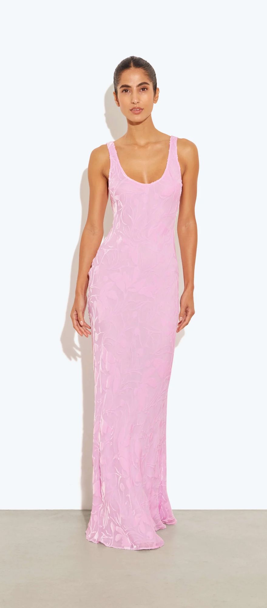 pink maxi floral bridesmaid dress with low back