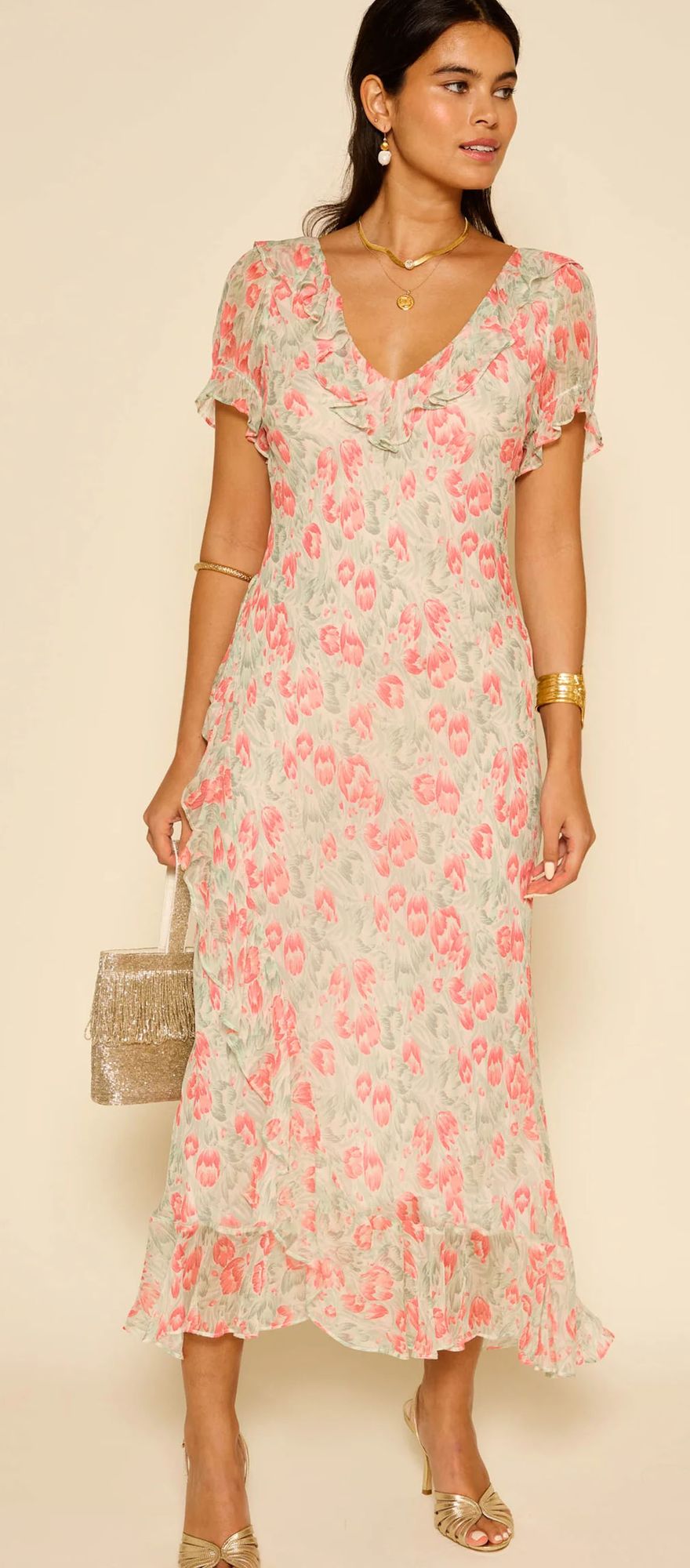 coral tulip floral print midi bridesmaid dress