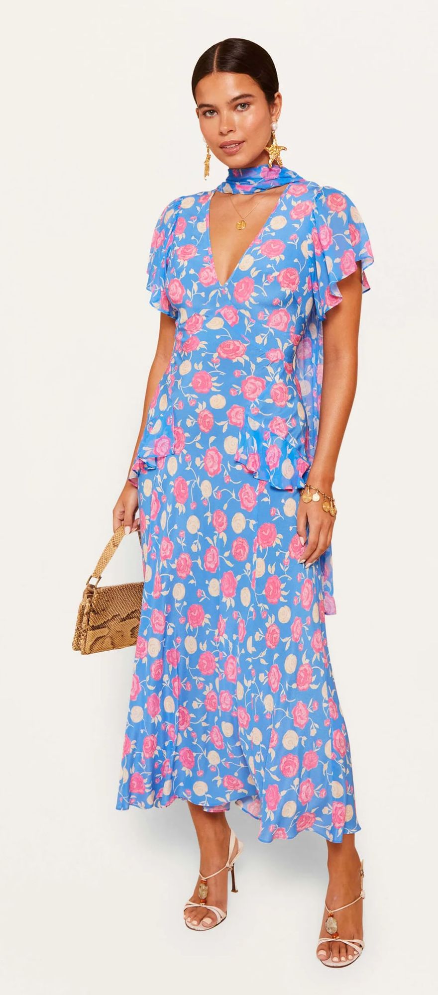 blue floral bridesmaid dress with neck scarf and rose print