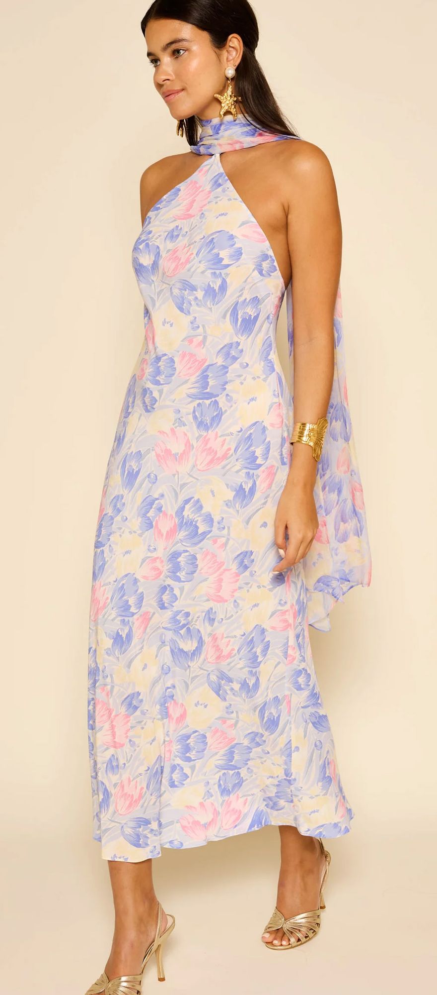 tulip print floral bridesmaid dress in blue with halter neck