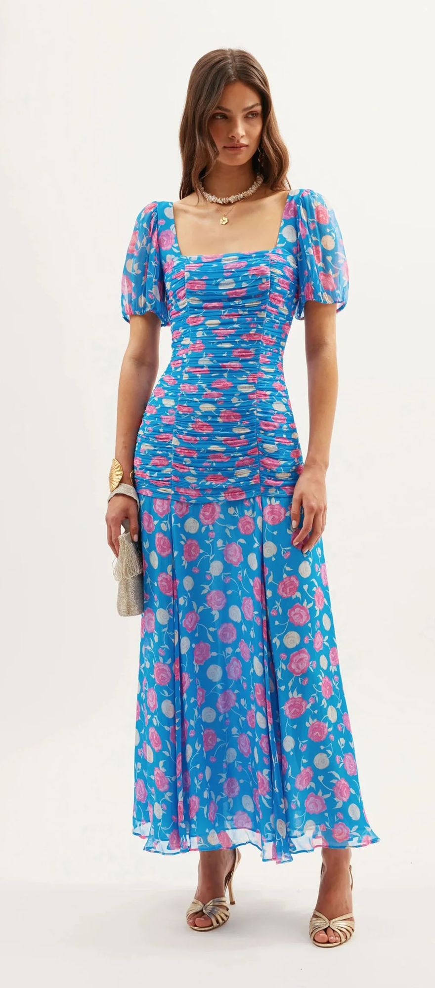 blue and pink rose floral bridesmaid dress with elongated bodice