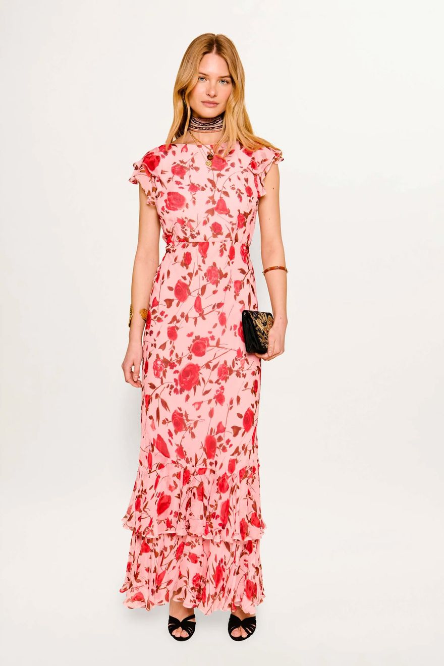 vintage style pink floral bridesmaid dress with roses