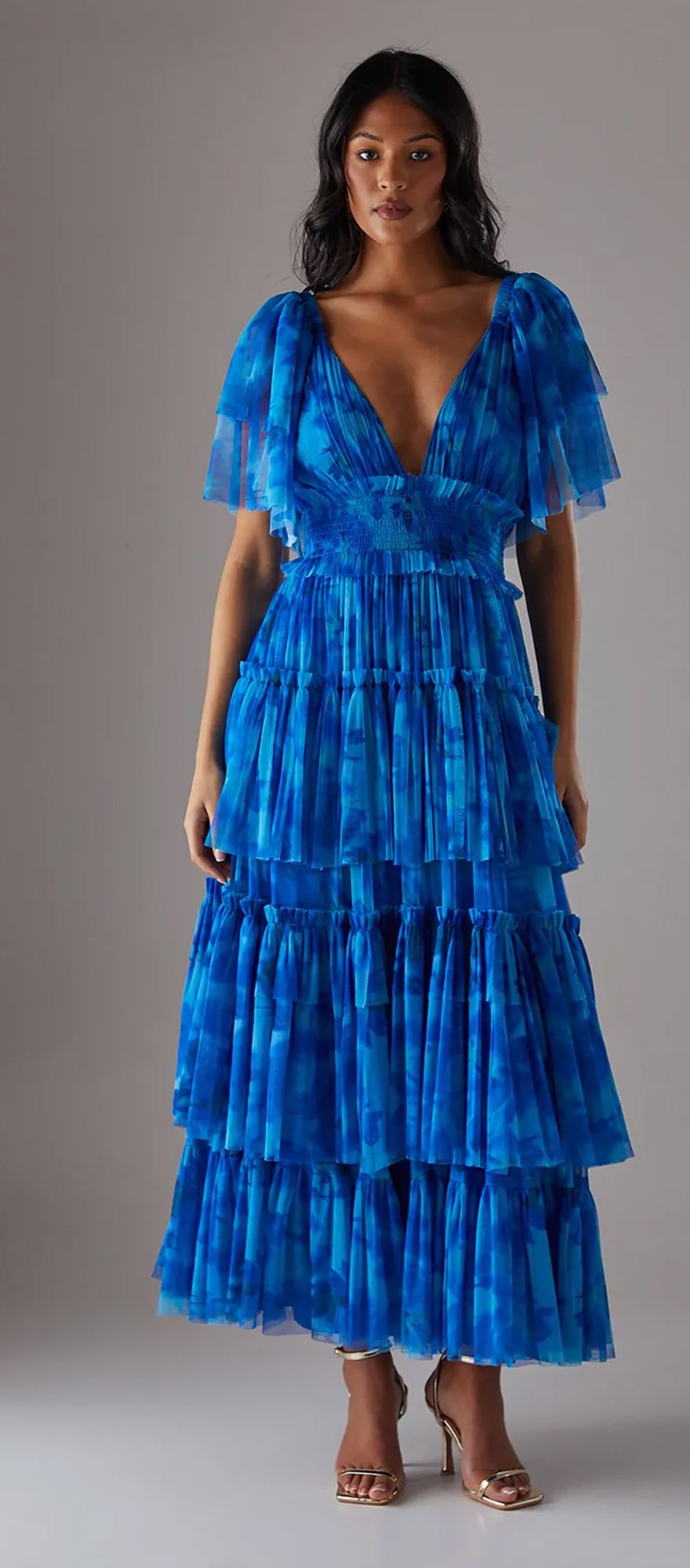 blue tulle floral bridesmaid dress with tier skirt and flutter sleeves