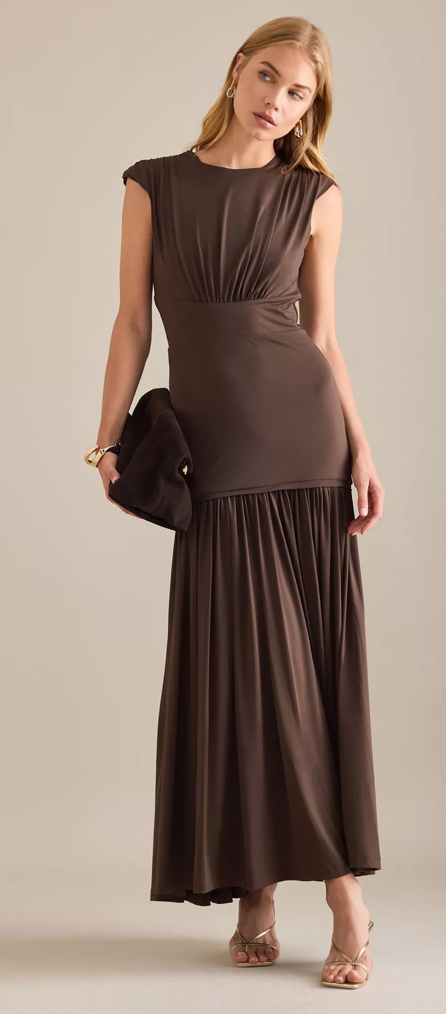 Chocolate brown wedding guest dress with fitted drop waist and ruched details