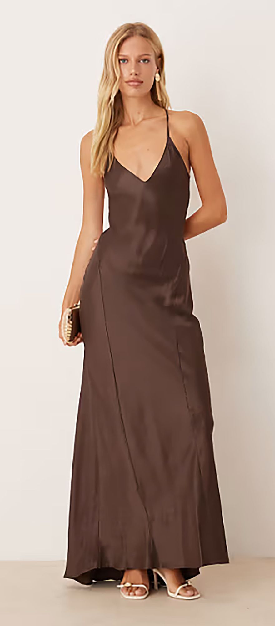 Satin chocolate brown maxi wedding guest dress with seam detail 