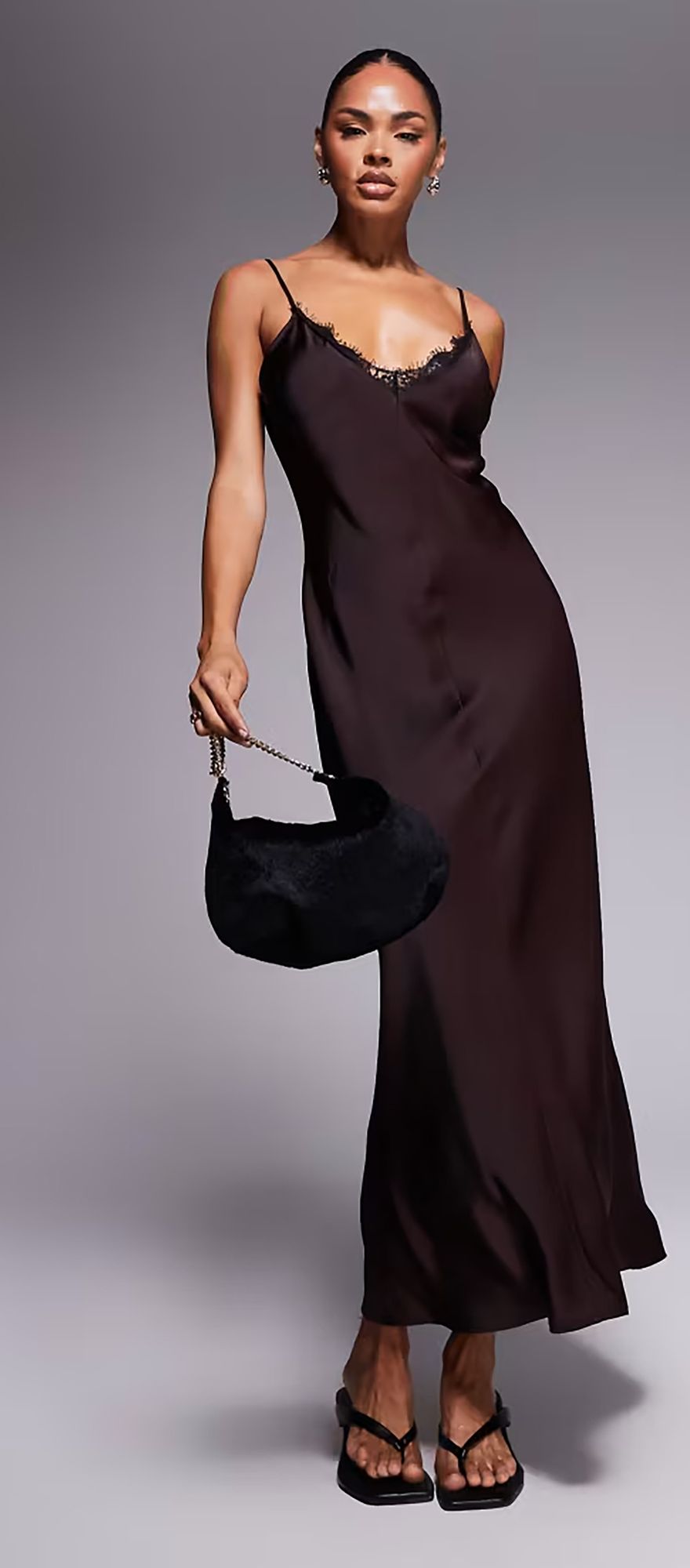 Chocolate brown satin slip wedding guest dress with v neck lace trim