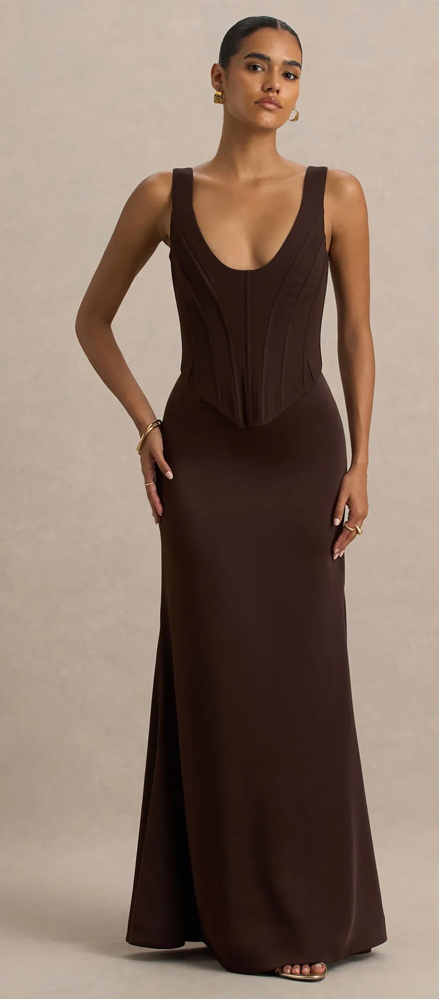 Chocolate brown wedding guest dress in satin with corset bodice