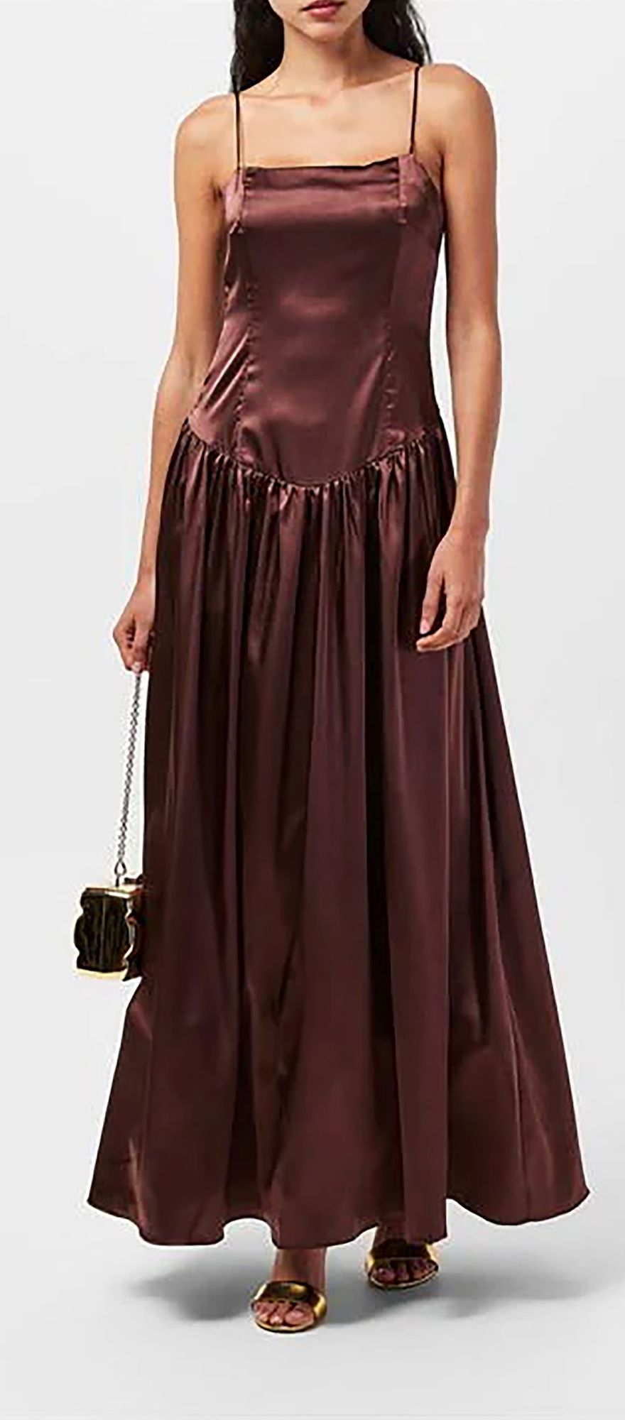 Satin chocolate brown drop waist wedding guest dress
