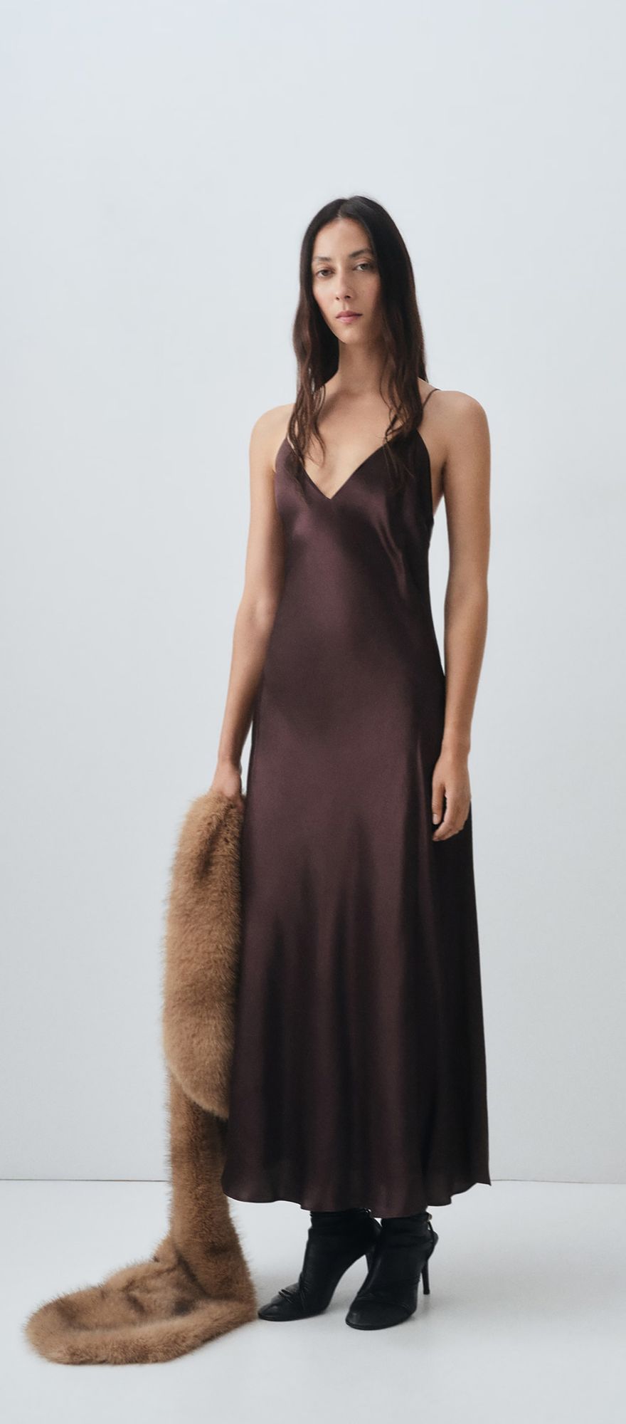 Silk satin mix chocolate brown wedding guest slip dress