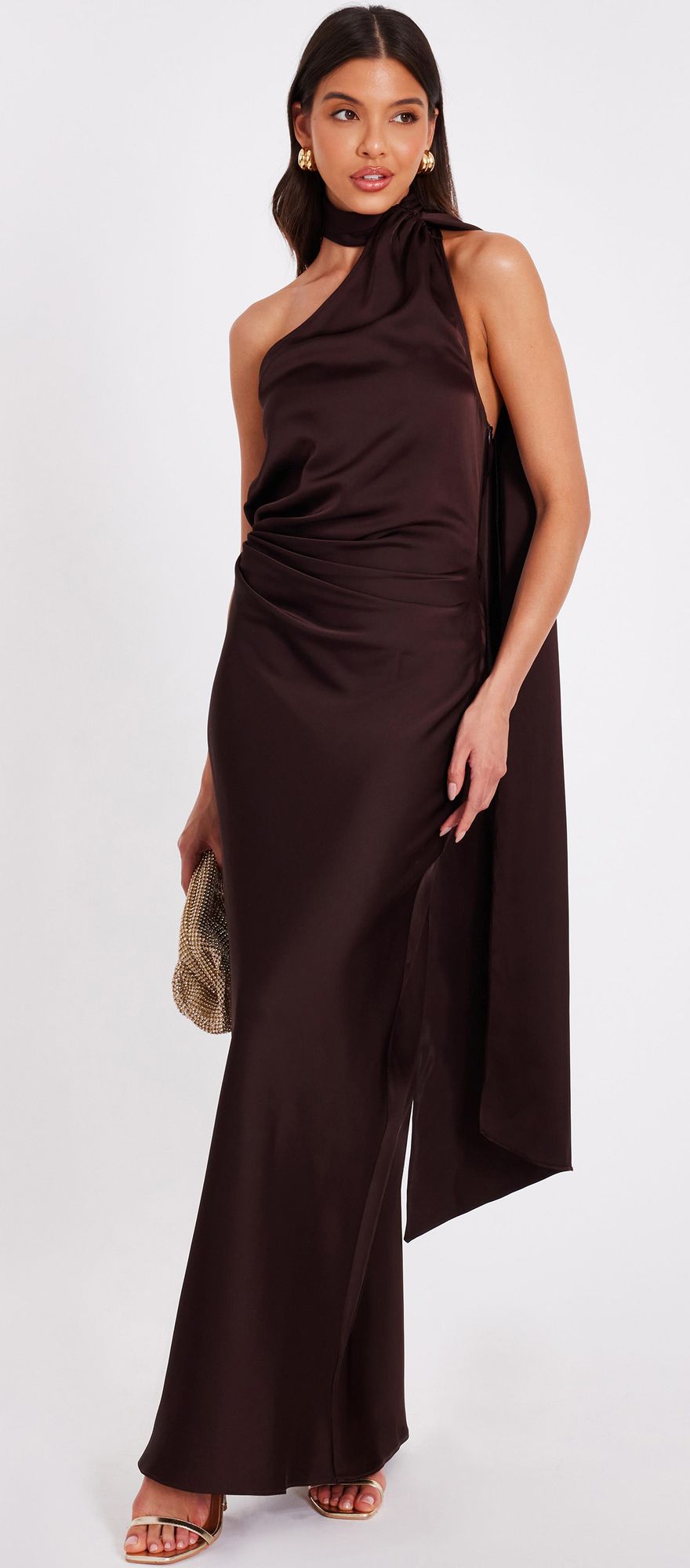 Satin chocolate brown wedding guest dress with wrap neck scarf detail