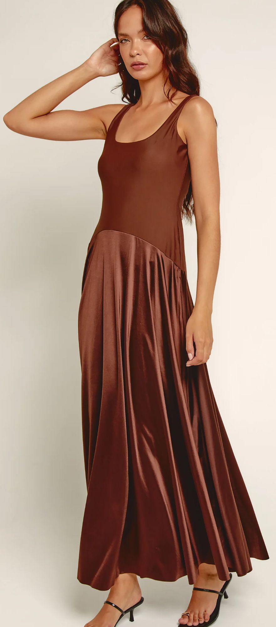 Chocolate brown wedding guest dress with satin scoop neck, drop waist and maxi skirt