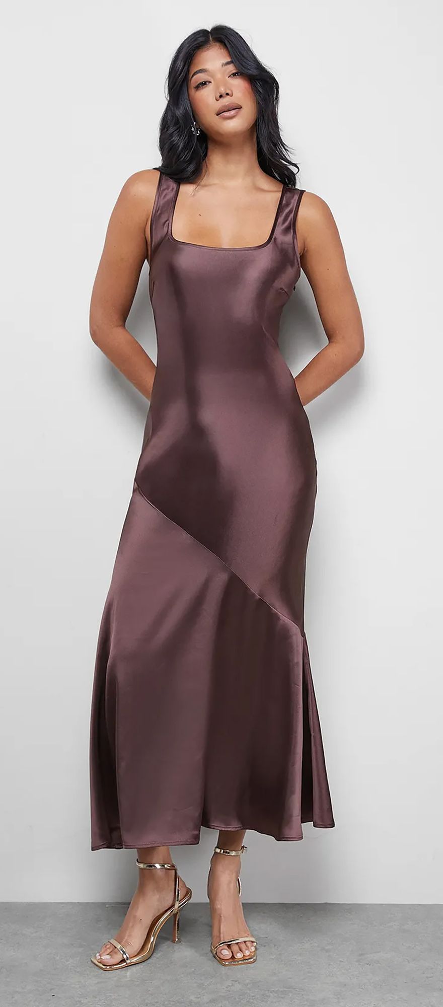 Chocolate brown wedding guest dress with scoop neck and bias cut in midi length