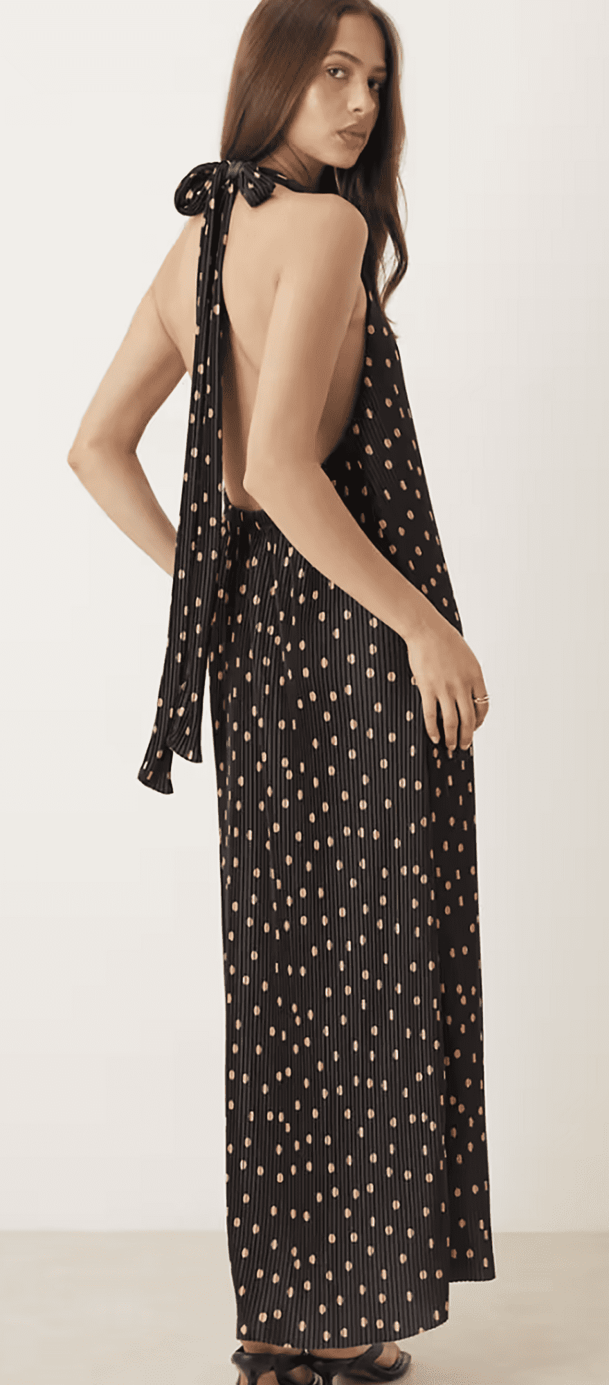 Plisse polka dot black and chocolate brown wedding guest dress with halter neckline