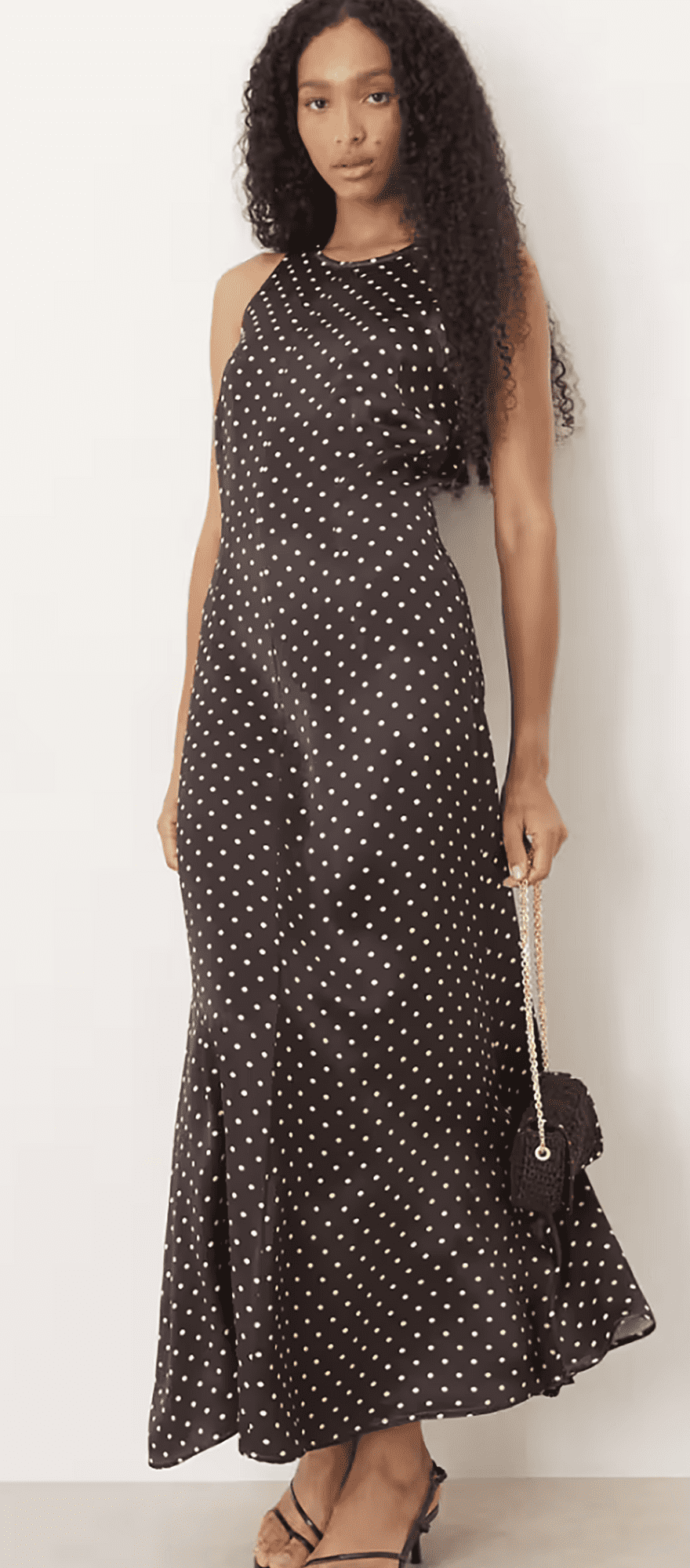 Chocolate brown satin polka dot wedding guest dress from asos 