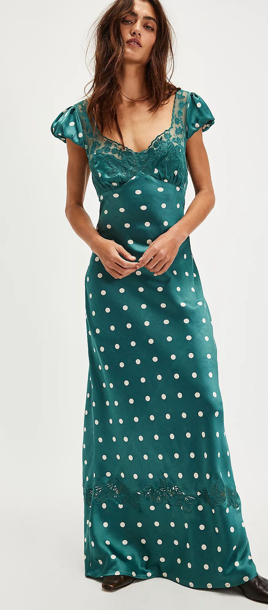 Green polka dot wedding guest maxi dress from Free People