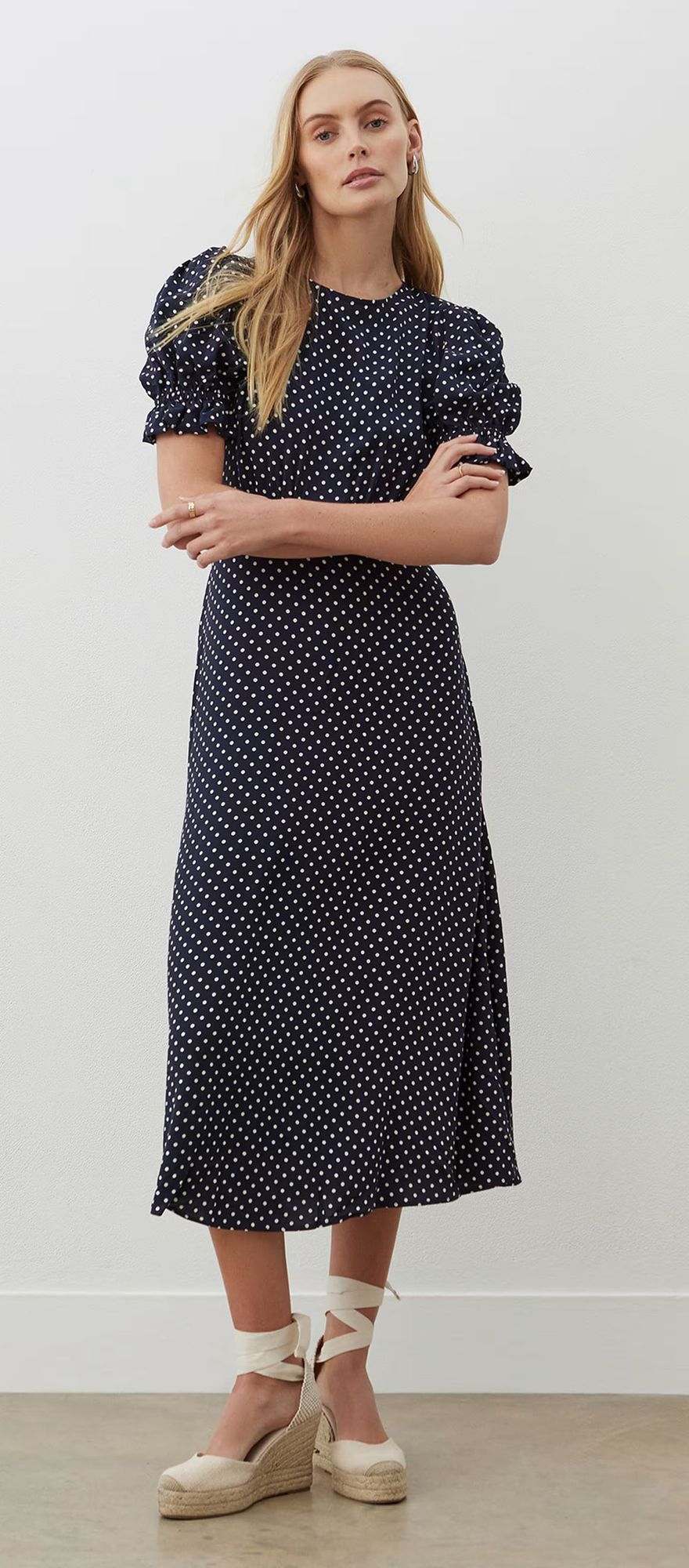M&S polka dot wedding guest midi tea dress in navy