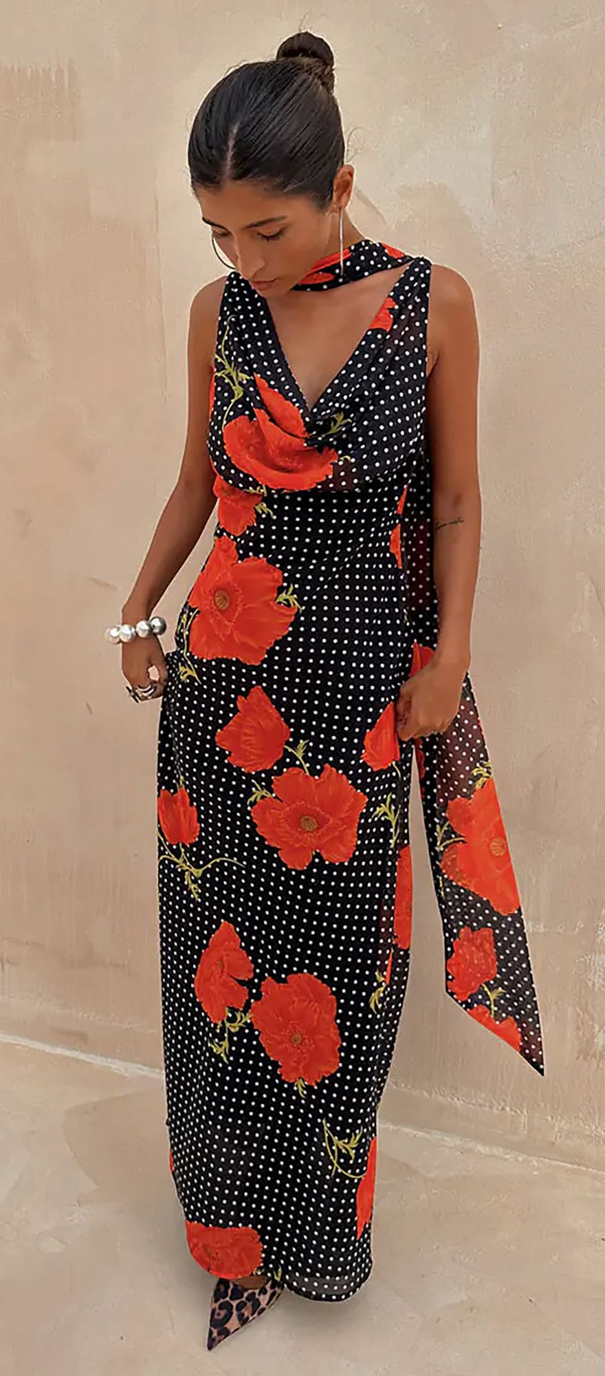 Black polka dot wedding guest dress with poppy print from Never Fully Dressed