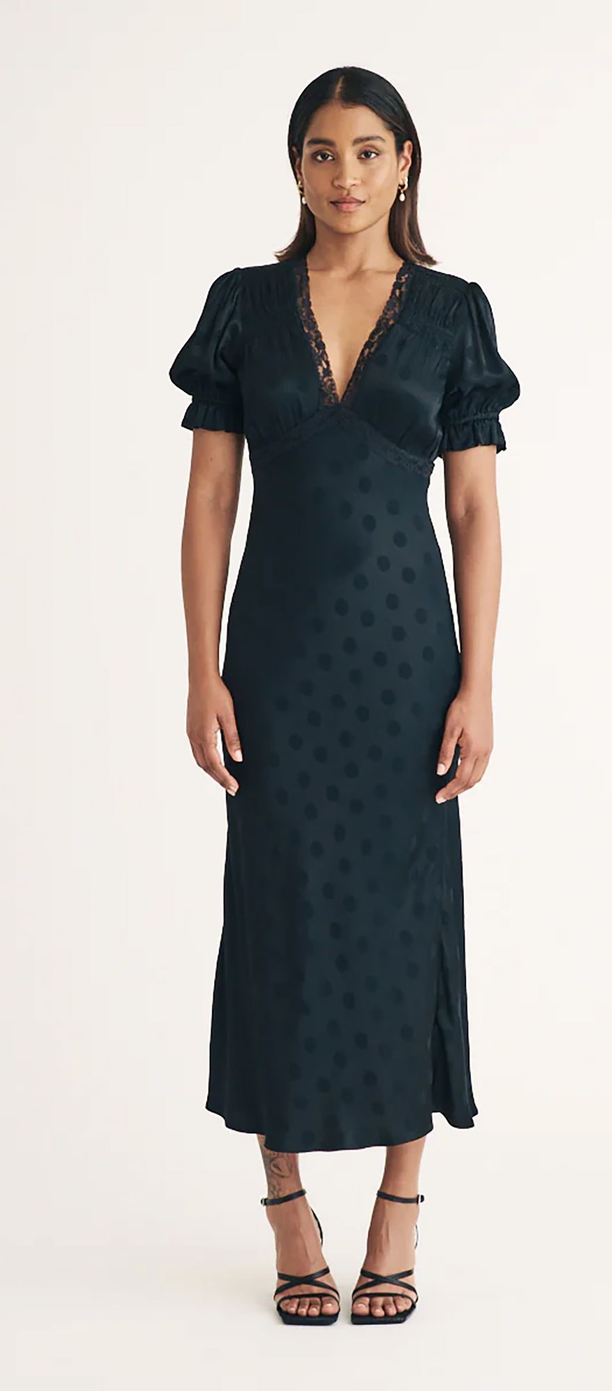 Black polka dot midi satin wedding guest dress from Nobody's Child