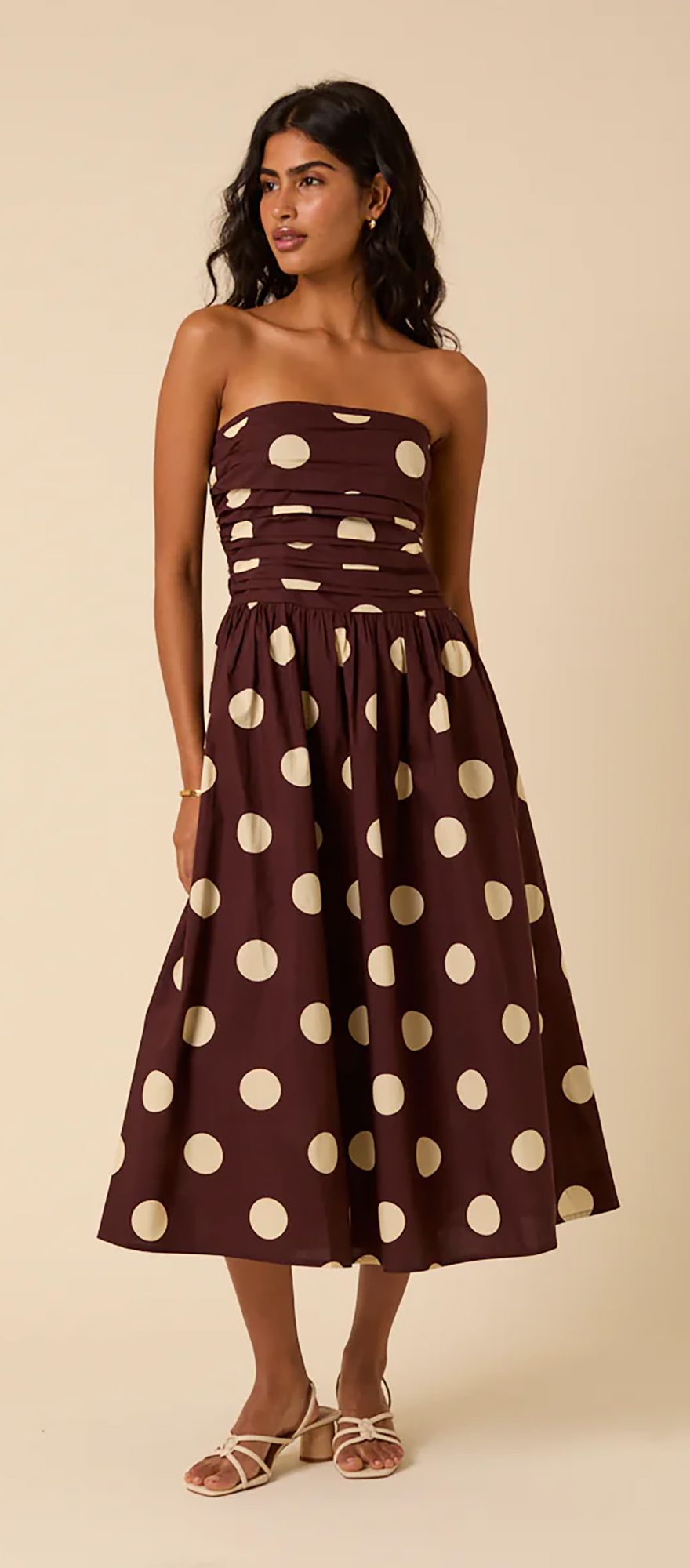 Brown polka dot midi wedding guest dress from Nobody's Child with strapless neckline
