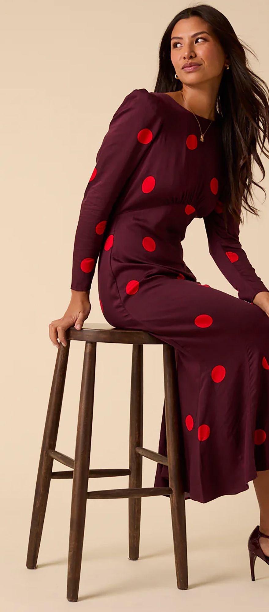 Burgundy polka dot midi wedding guest dress from Nobody's Child with long sleeves