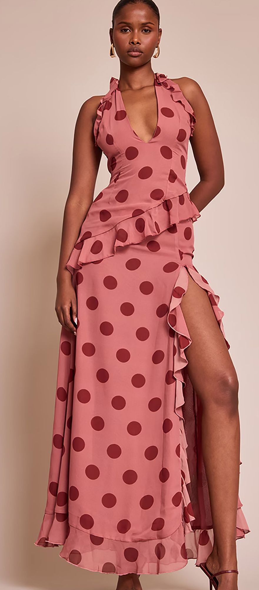 Light pink polka dot wedding guest dress from PLT with ruched drop waist