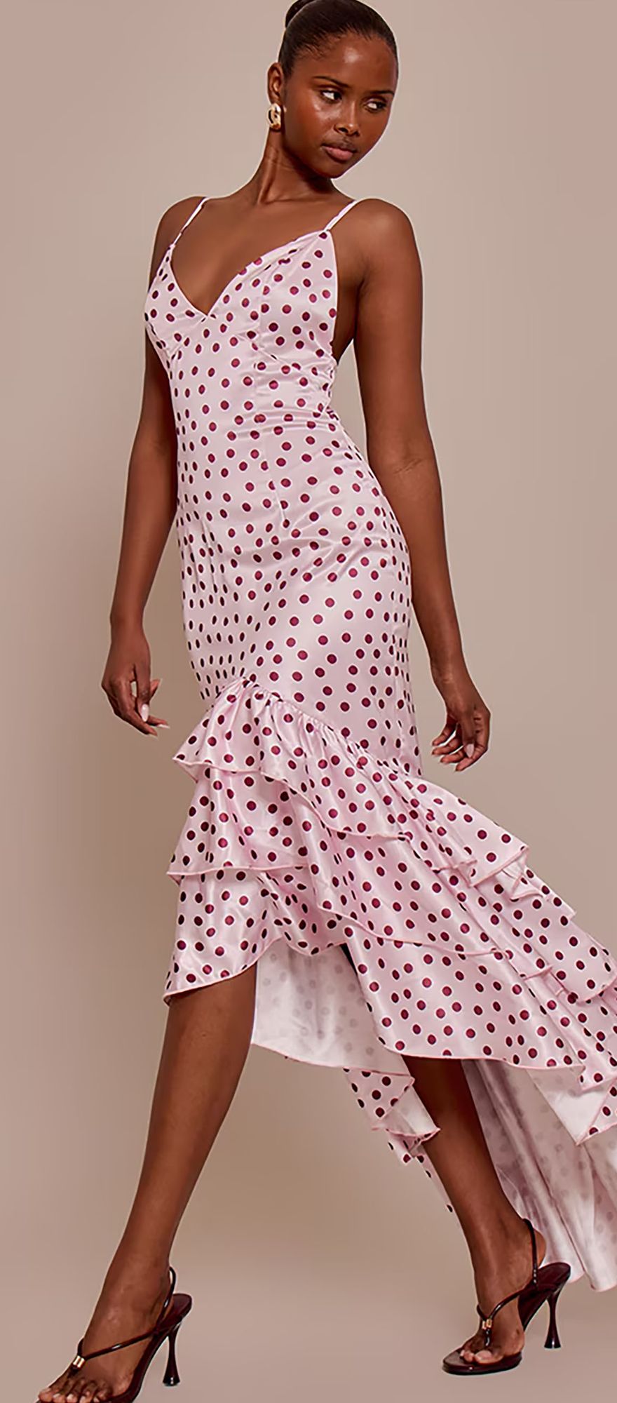 Pink polka dot wedding guest dress from plt with frilly hemline