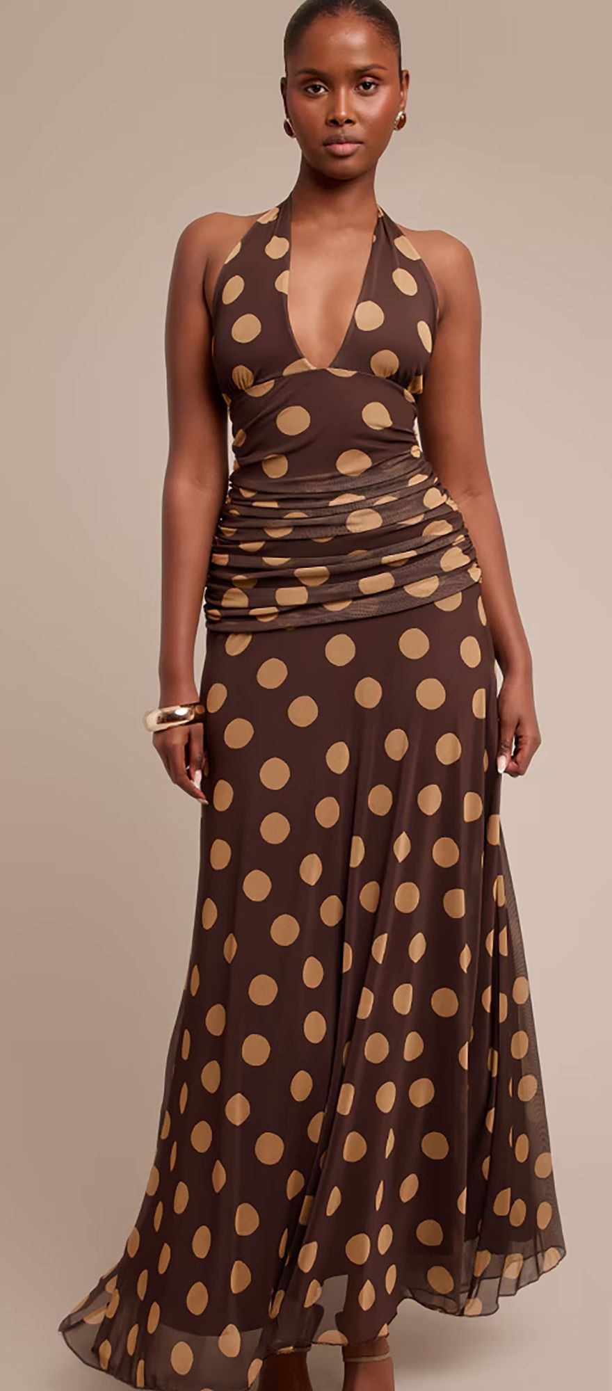 Brown and yellow polka dot wedding guest dress from plt with halter neckline