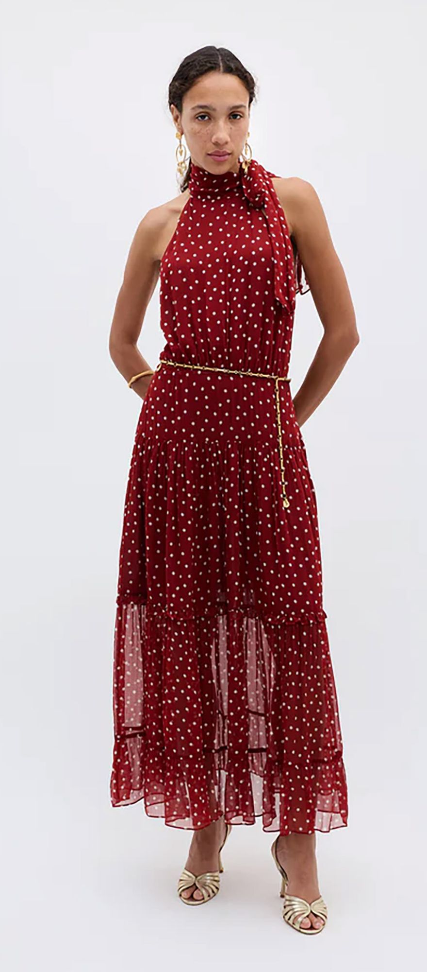 Red polka dot wedding guest dress from Rixo with halter neckline
