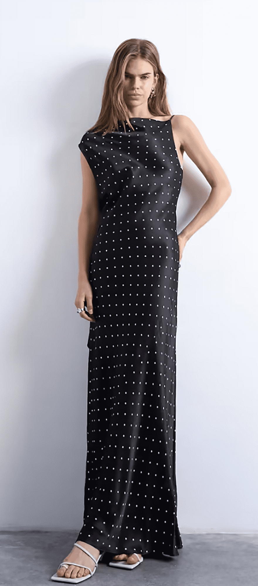 Black polka dot wedding guest dress from Topshop with drape back detail