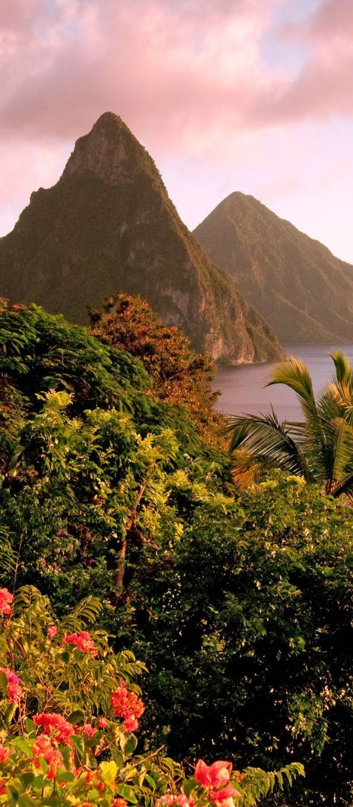 St Lucia at sunset with twin piton mountains