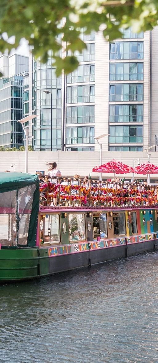 Darcie & May Green bottomless brunch boat on canal in Paddington