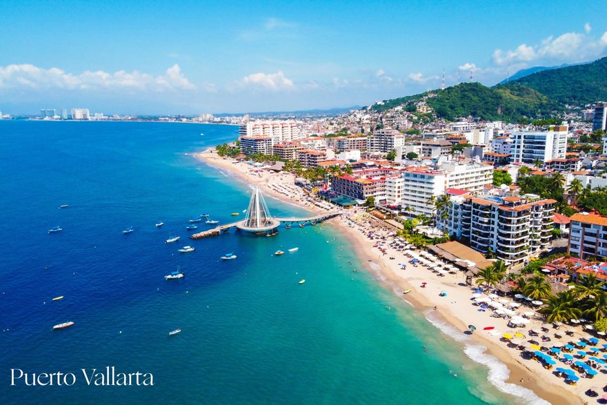Puerto Vallarta coastline with vibrant town and colourful buildings