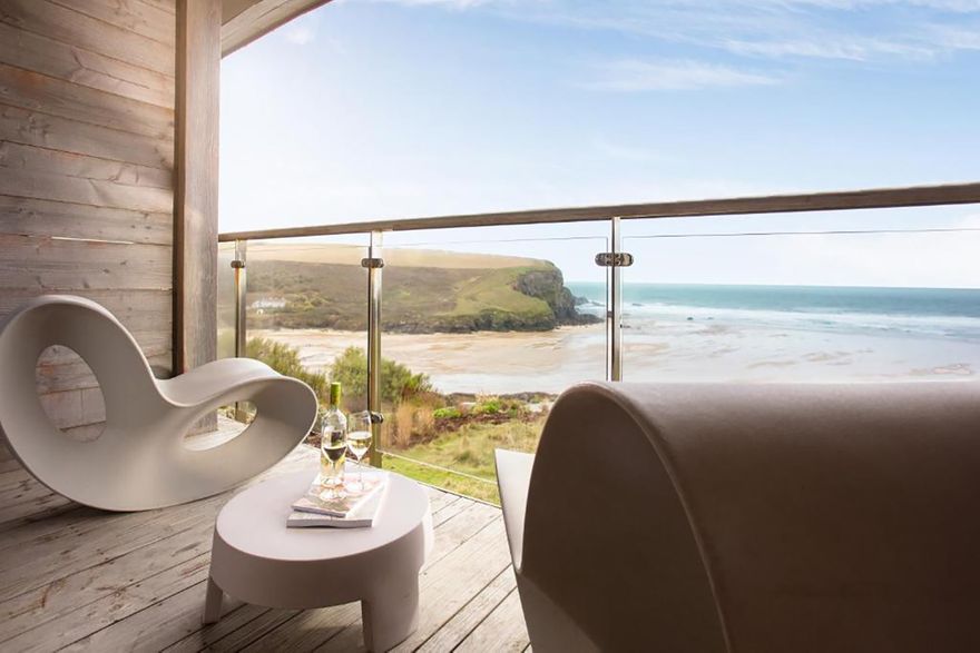 Balcony with sea view at Scarlet Hotel, minimoon destination in Cornwall