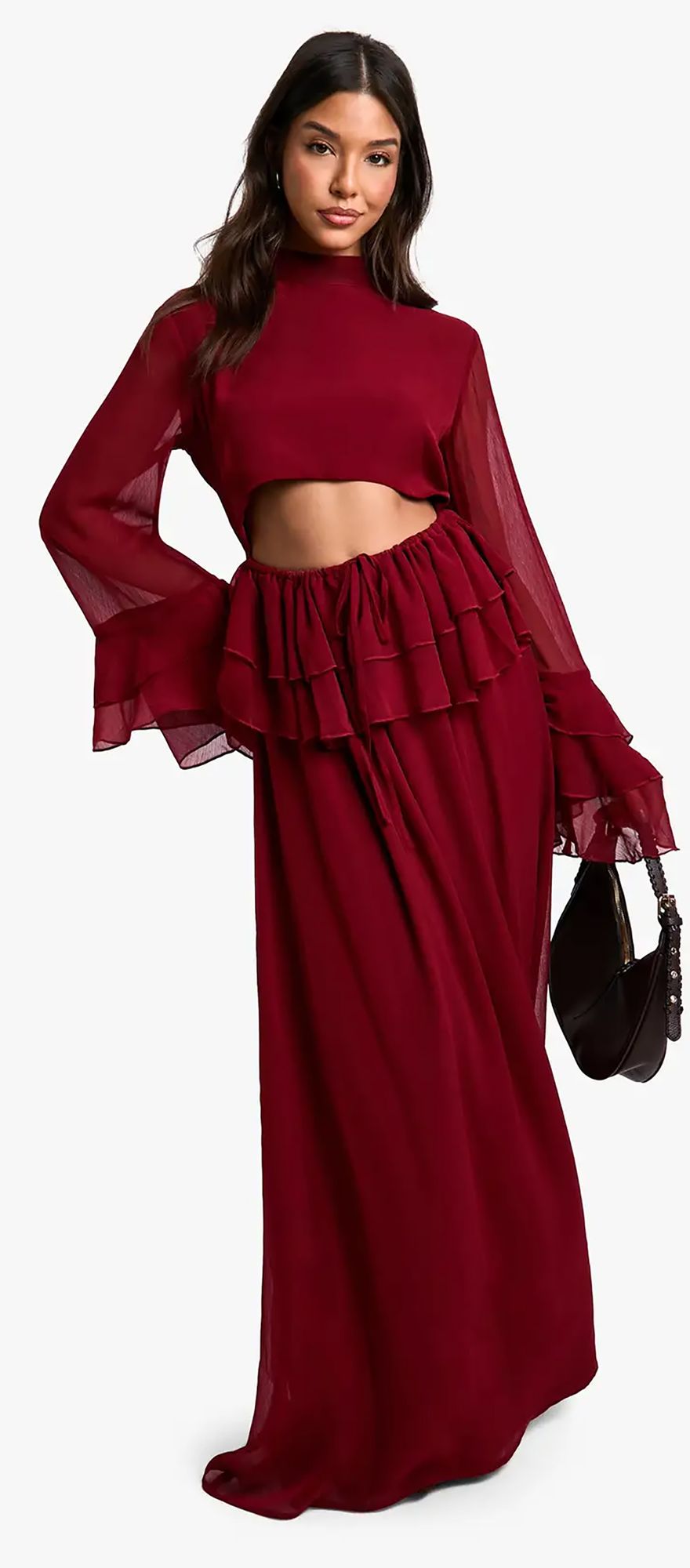 boohoo ruffle maxi wedding guest dress in burgundy with cut out and long sleeves