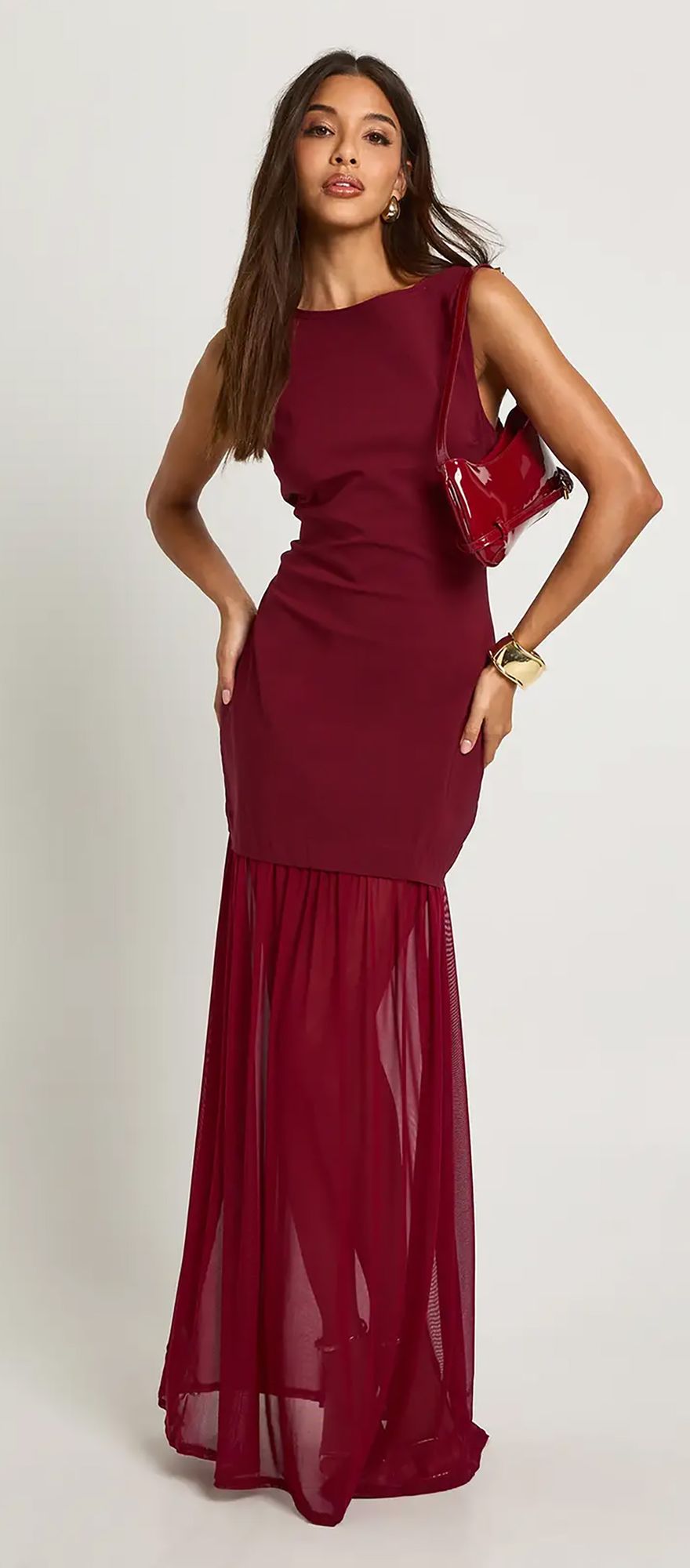 boohoo burgundy wedding guest dress with mesh sheer hem 