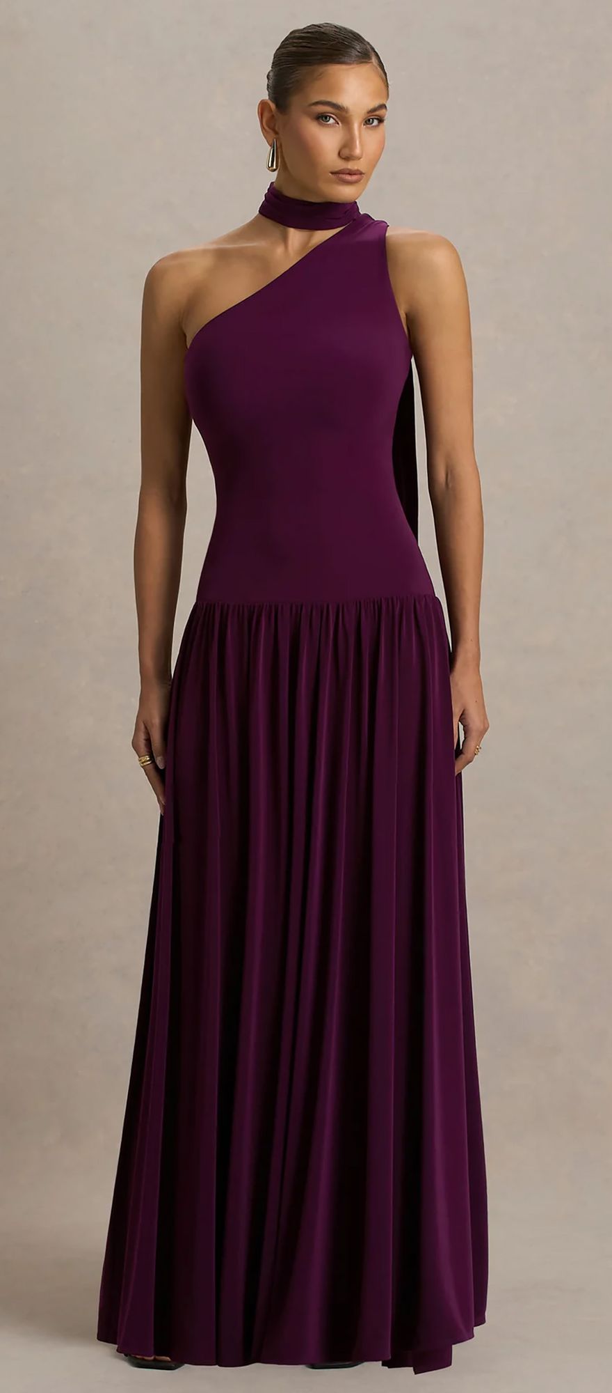 Club L London asymmetric neckline drop waist maxi wedding guest dress in plum