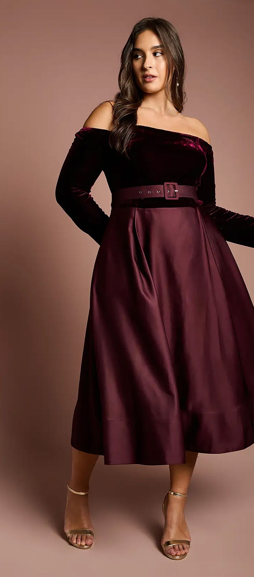 Coast burgundy plus size wedding guest dress with bardot neckline and full skirt