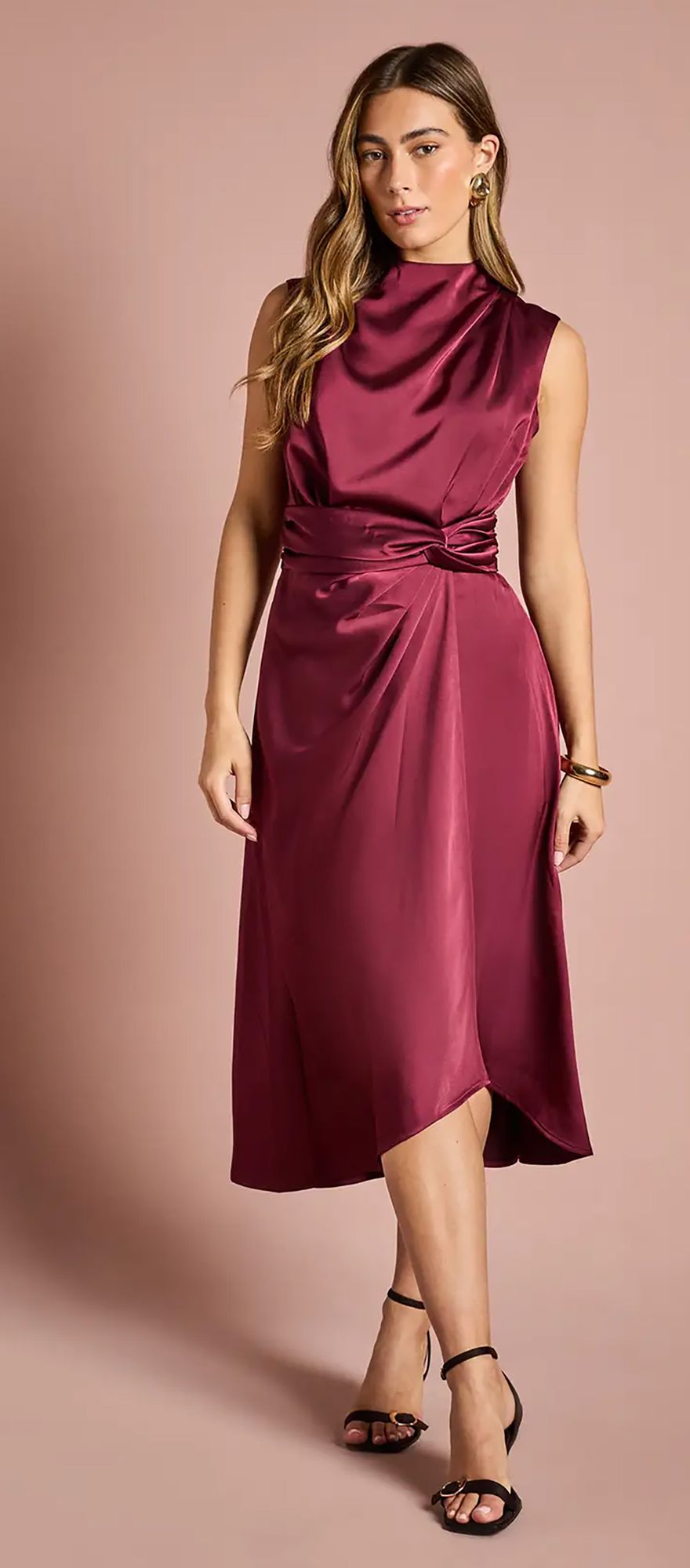 Coast berry midi satin wedding guest dress with twist waist design