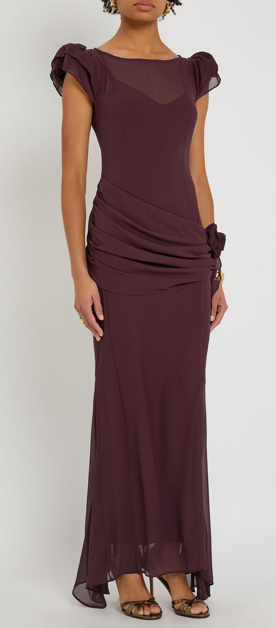 Dark purple De La Vali draped chiffon maxi wedding guest dress