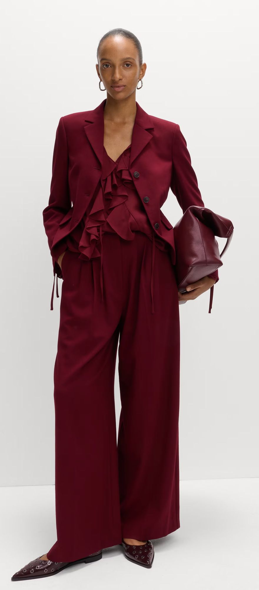 M&S cropped blazer, wide leg trousers and blouse wedding guest outfit in wine 