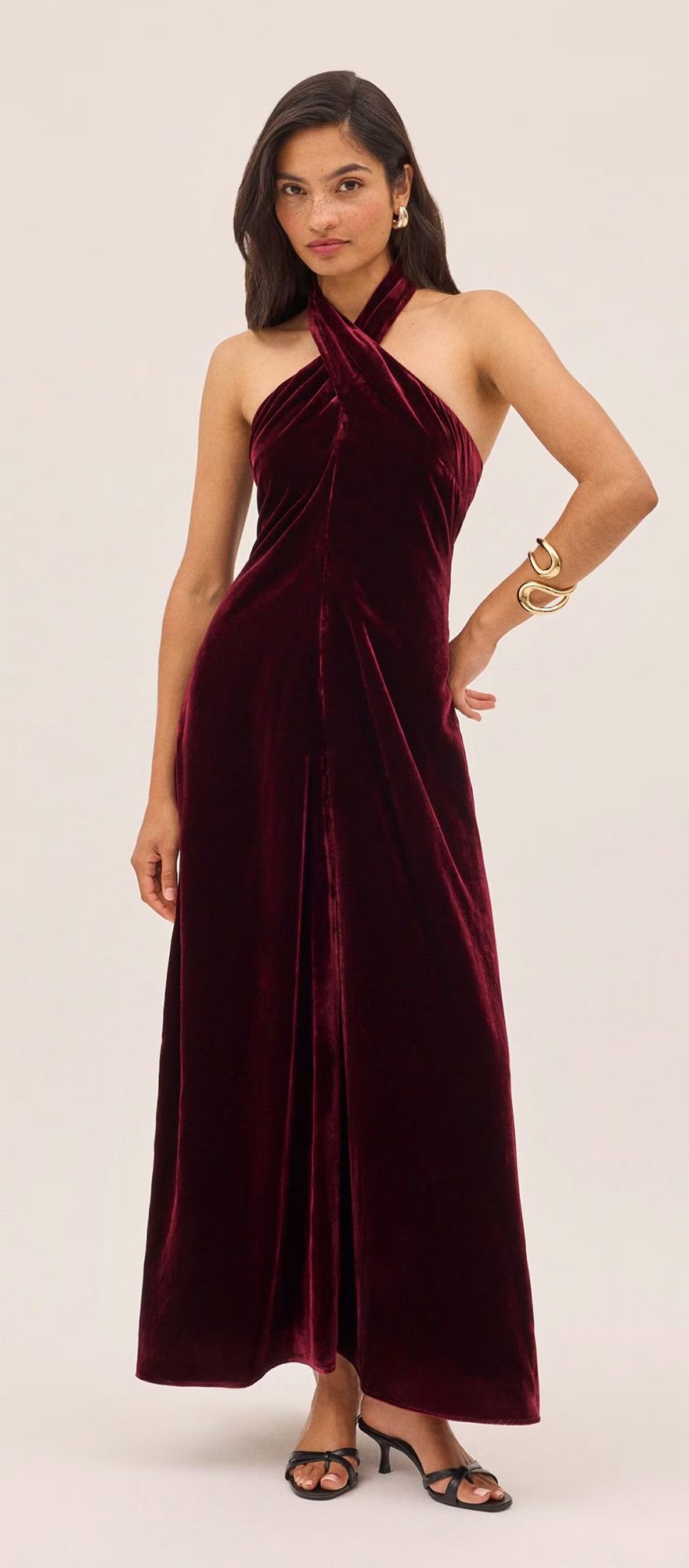 Kitri burgundy velvet wedding guest dress with halter neckline