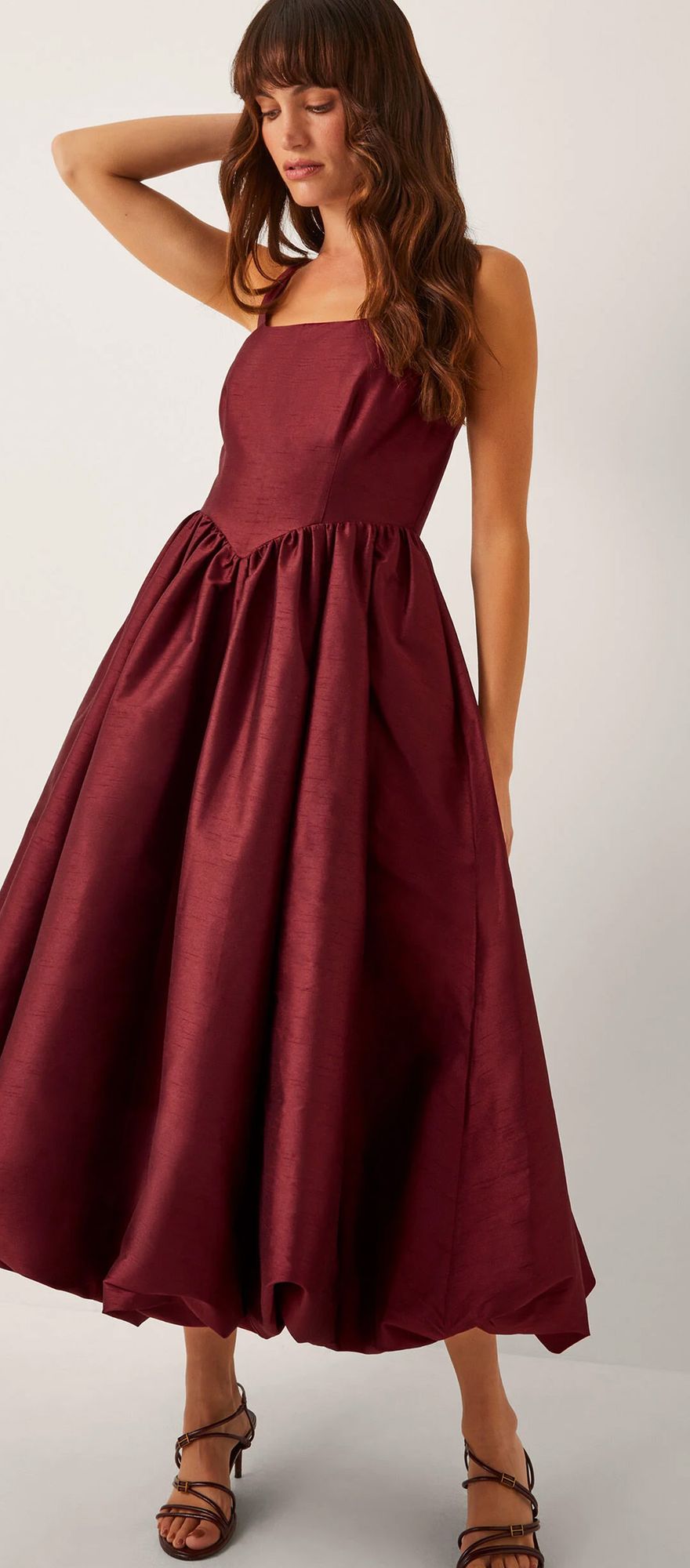 Moonsoon burgundy fit and flare midi wedding guest dress