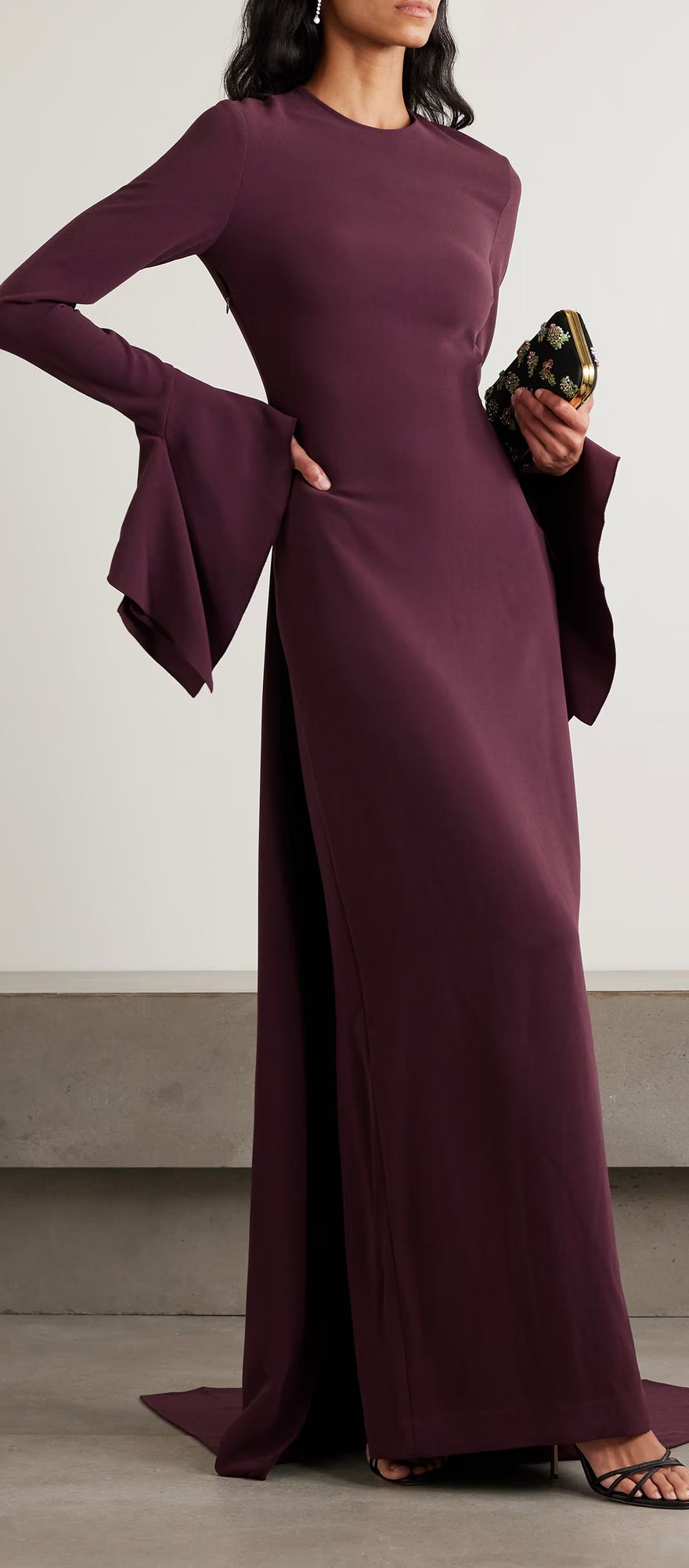 Solace London dark purple, aubergine crepe gown with draped sleeves