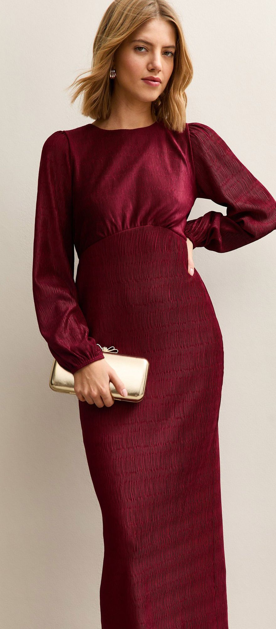 New Look burgundy long sleeve plisse midi wedding guest dress